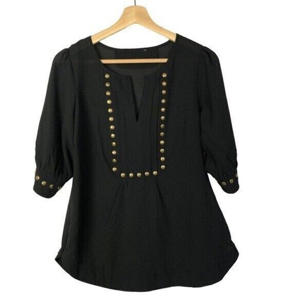 Angie Black V-Neck Chiffon Gold Studded Short Sleeve Blouse M - Picture 1 of 3